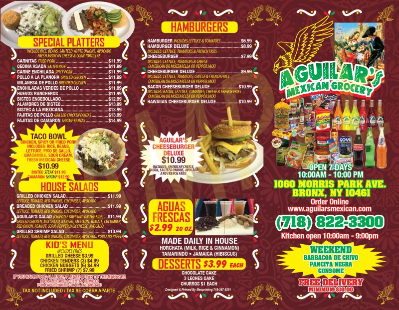 Menu Aguilars Mexican Grocery